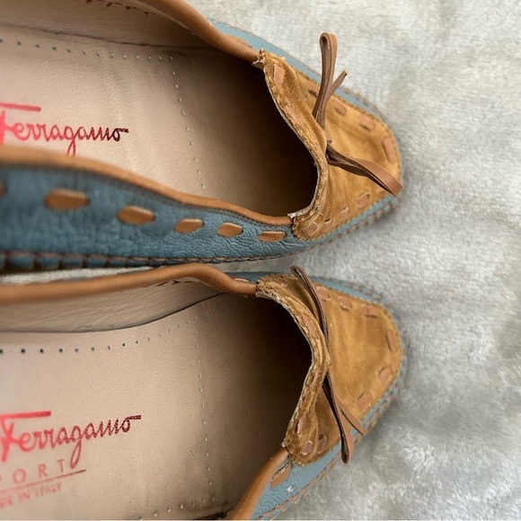 Salvatore Ferragamo Women’s Loafers 9.5 Light Brown Light Blue Woven Bow Casual - Picture 14 of 15